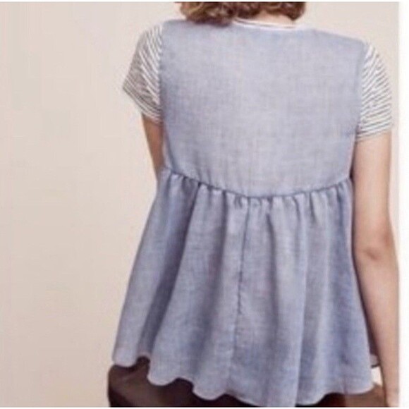 Deletta Anthropologie Callisto Swing Top M Blue Black Stripes Peplum Tee Coastal - Picture 4 of 13